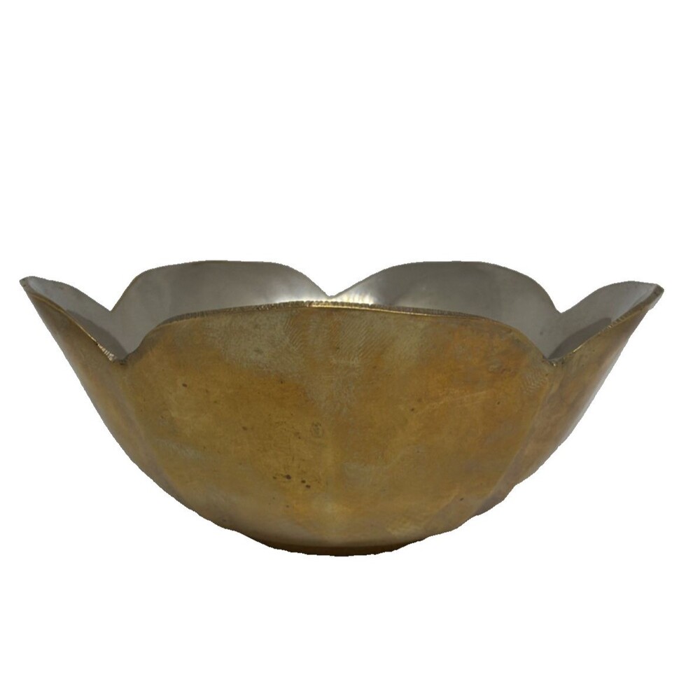 Vintage Solid Brass Pedestal Bowl Scalloped Flower Petal Edge Lotus Centerpiece